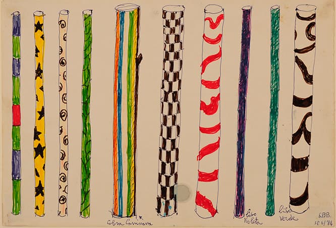 「Caipiras, Capiaus: Pau-a-pique」展（1984）の展示空間のデザイン・スタディ。(c) Instituto Lina Bo e P. M. Bardi
