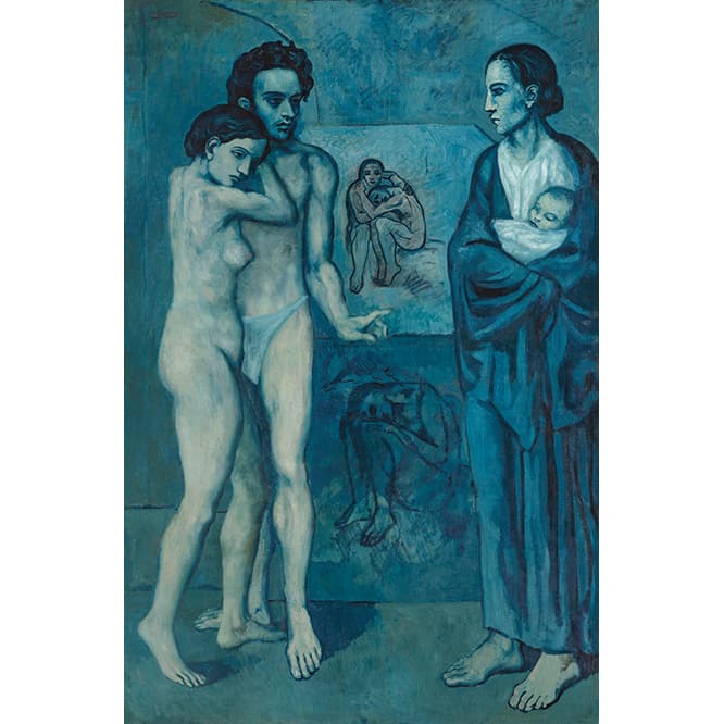 青の時代の代表作。男性は亡くなったカサジェマスと言われている。
Pablo Picasso, La Vie, 1903 
Oil on canvas, 197×127.3 cm
The Cleveland Museum of Art, Donation Hanna Fund
(c) Succession Picasso / ProLitteris, Zurich 2018
photo_(c) The Cleveland Museum of Art 