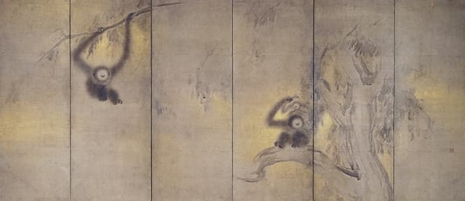 重要文化財《竹林猿猴図屏風》長谷川等伯（右隻・相国寺蔵）。牧谿の技法を体得した等伯の一つの頂点を示す。
