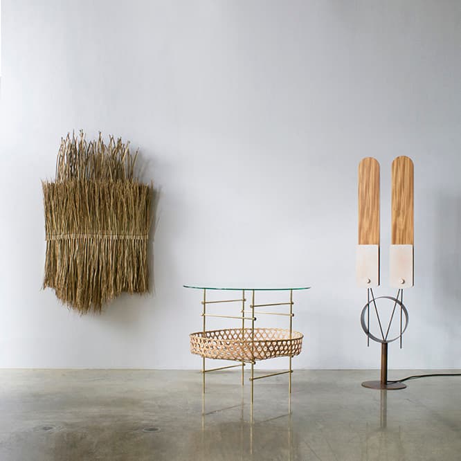 左から、ARKO《Alley of ripple #4》、原嶋亮輔《Bamboo lattice table》、濱島卓也《Twin lights》。