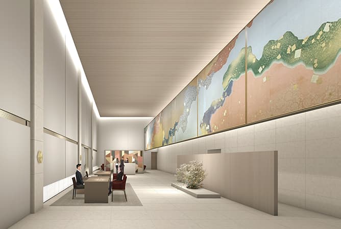 中層棟〈オークラ ヘリテージウイング〉のホテルロビーの完成イメージ。旧本館の大宴会場「平安の間」で長く使用されていた「三十六人家集の料紙」壁画を移設する。