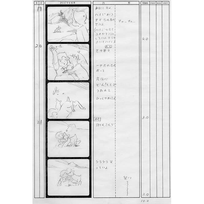 『アルプスの少女ハイジ』絵コンテ（部分）。絵コンテ：アニメーション全体の設計図。　(c) ZUIYO