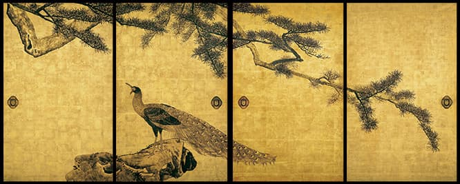 重要文化財「松に孔雀図」（全16面のうち4面）円山応挙、寛政7年（1795）、兵庫・大乗寺蔵、東京展のみ・通期展示
