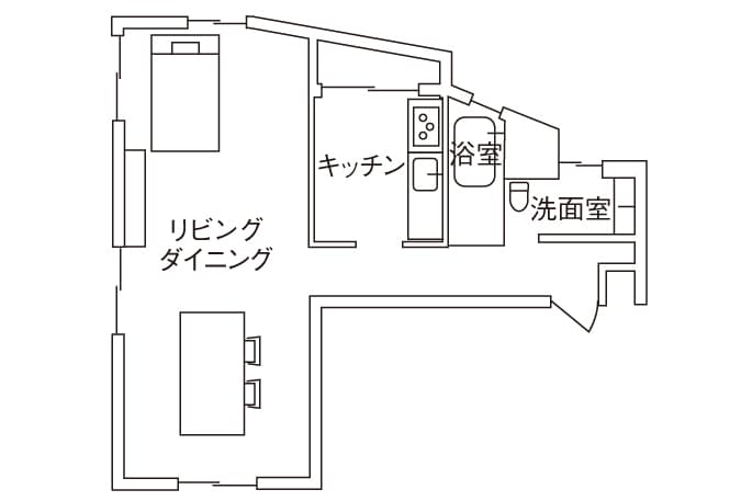 猪飼邸、現状間取り図。広さ約60平米のワンルーム。購入時は押入れ付きの個室＋リビングルーム、玄関周りは風呂、トイレ別という在り来たりな間取りだった。