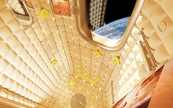 スタルクが提案する宿泊モジュールのインテリア。宇宙に浮かぶ星と連動するように、色が変化する数百のナノLEDを壁面に設置。料金は10日間で約61億円。
