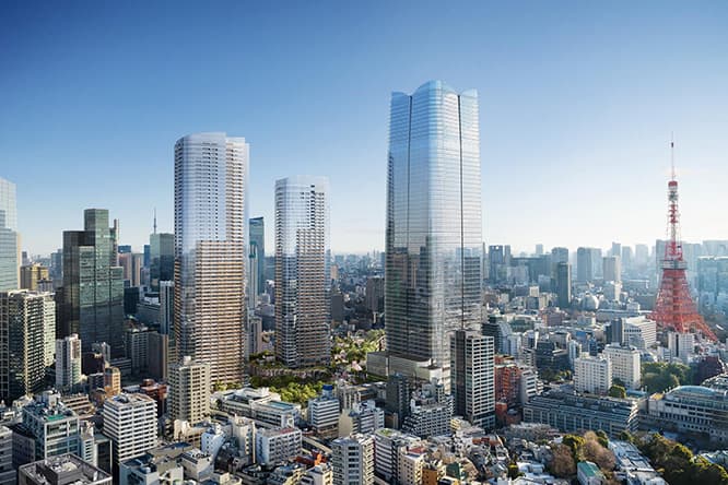 「虎ノ門・麻布台プロジェクト」全景。北側が〈アークヒルズ〉に隣接し、南西の〈六本木ヒルズ〉、北東の〈虎ノ門ヒルズ〉の中間地点に位置する。