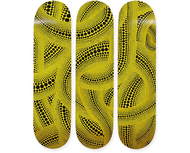 Yellow Trees Skateboard Triptych 65,000円（3枚セット、予定価格）。(c) Yayoi Kusama