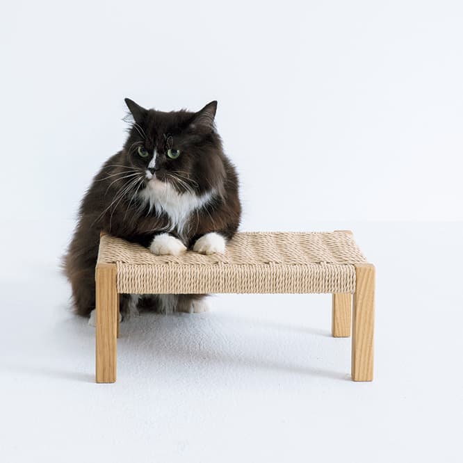 木工房 吉久保／猫の爪とぎ台
栗材×ペーパーコードのナチュラルなルックスは、インテリアになじみやすく耐久性も高い。W39.2×D27×H18cm 9,800円（木工房 吉久保）。