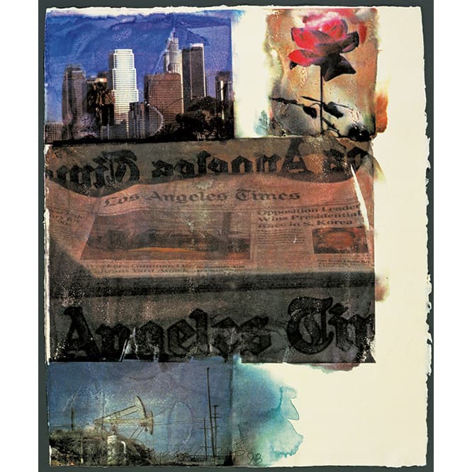 Robert Rauschenberg, L.A. Uncovered #2, 1998, twelve-color screenprint, 24 1/2 × 20 3/4 in., Gemini G.E.L., LLC, © Robert Rauschenberg Foundation and Gemini G.E.L., published by Gemini G.E.L., photo courtesy Gemini G.E.L.