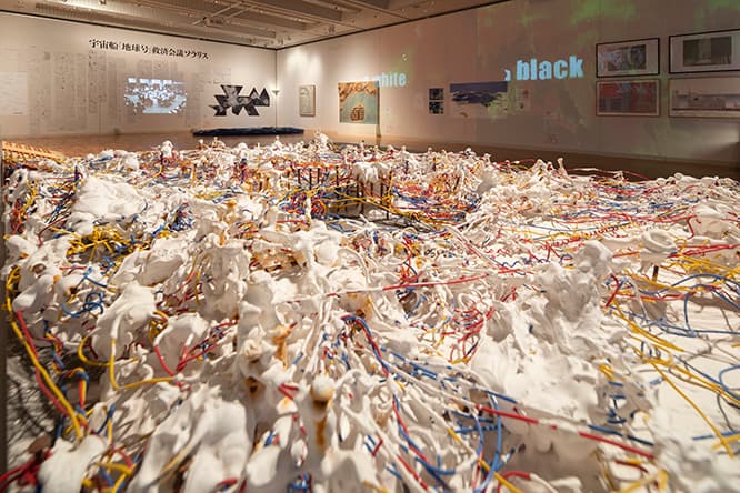 磯崎新の謎「しま」篇　展示風景　手前《孵化過程》1962/2011 釘、ワイヤー、石膏、写真、木、撮影：久保貴史 提供：大分市美術館