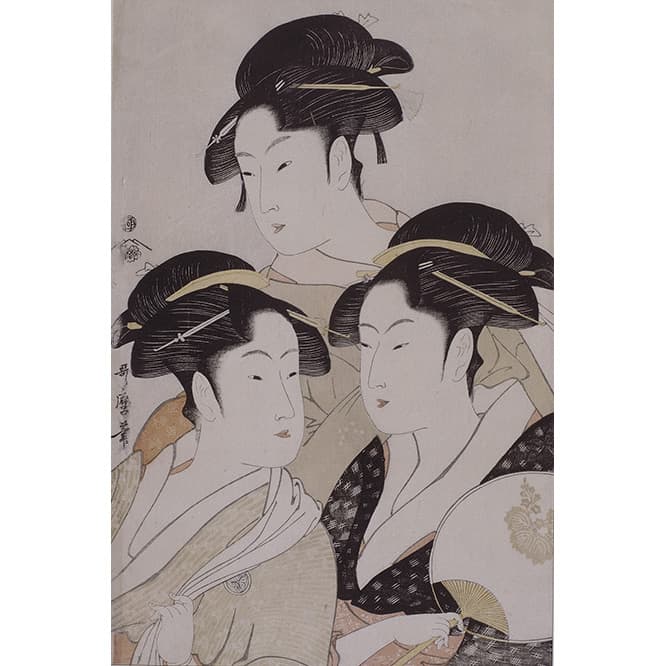 喜多川歌麿《当時三美人》　江戸時代/寛政5年（1793）頃、大判錦絵　ギメ東洋美術館蔵　Photo ©RMN-Grand Palais (MNAAG, Paris) / Harry Bréjat / distributed by AMF　展示期間：2019年12月17日～2020年1月19日（東京会場）