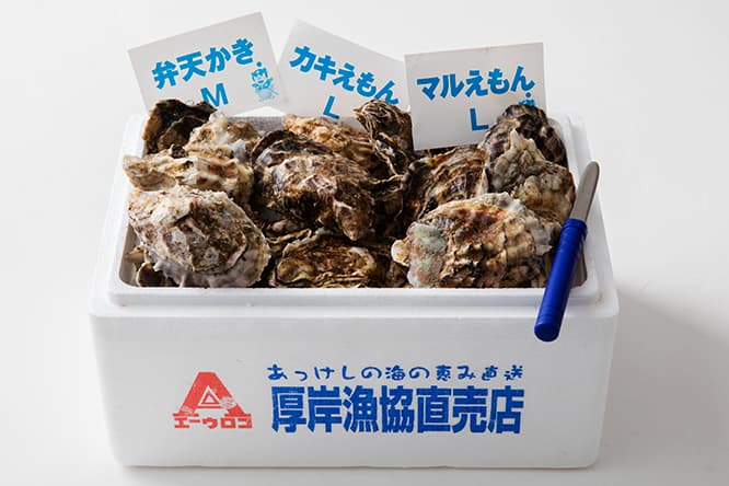 生食の消費期限は、発送日を含め冷蔵で5日。カキナイフ1本付き。アイヌ語で牡蠣の多い所という意味の“アッケケシ”が地名の由来。