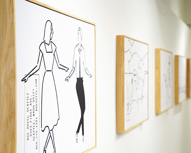 展示されている〈エースホテル〉のメモ帳に描き続けてきたドローイングシリーズ。