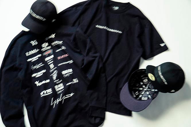 ヨウジヤマモトのロゴがデザインされたアイテムたち。