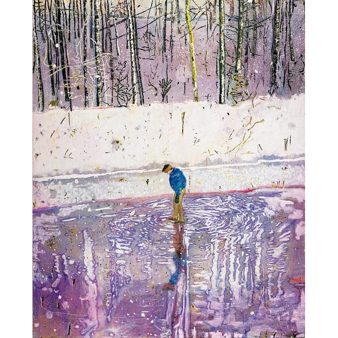 《ブロッター》 1993年、油彩・キャンバス、249×199 cm、リバプール国立美術館、ウォーカー・アート・ギャラリー蔵　(c) Peter Doig. National Museums Liverpool, Walker Art Gallery, Presented by the John Moores Family Trust 1993. All rights reserved, DACS &amp; JASPAR 2019 C3120

抽象画の要素も含んだ、故郷カナダを思わせる風景。絵を学んだロンドンで描いた初期作品。冬の森が故郷カナダを思わせる。実際に絵を見ると、画面上の紫と下の紫の質感が全く異なると分かる。人の目はその微妙なテクスチャーの差を感知し、平面の中に不思議な奥行きを感じる。