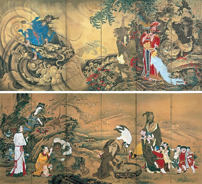 曽我蕭白《群仙図屏風》紙本著色、六曲一双、文化庁蔵、重要文化財。本展に出ている作品の中でも、最も驚かされるもののひとつ。あまりにも過激で、独特すぎて、描かれた当時は飾られずそのまま仕舞われてしまったのではないかと思われるほど状態がいい。絵具の色もほとんど褪せていないように見える。