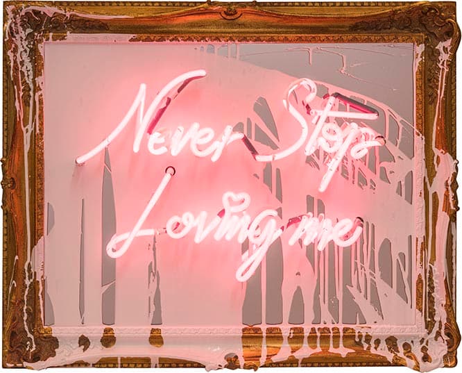 《Never Stop Loving Me》2018 Neon Lightbulbs&nbsp;and Acrylic on Framed Mirror 25 x 31in (c) 2020 IAWW Inc.