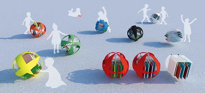 遊んで学べる本棚が未来をつくる。　ボールと本棚を融合させるというユニークな提案が《ballshelf》だ。プラスチック製カバーの内部に本を収納できる棚を収める。カバーによって開口部から本が簡単に脱落することはなく、少しずらすことで開口部から本を取り出すことができる。Tan Chee Singの狙いは“遊び”と“学び”の両者を切り離すことなく、兼ね備えることで子どもたちの日々を刺激しようとするもの。子どもでも簡単に好きな場所に転がすことができ、お気に入りの本と一緒に移動することができる。