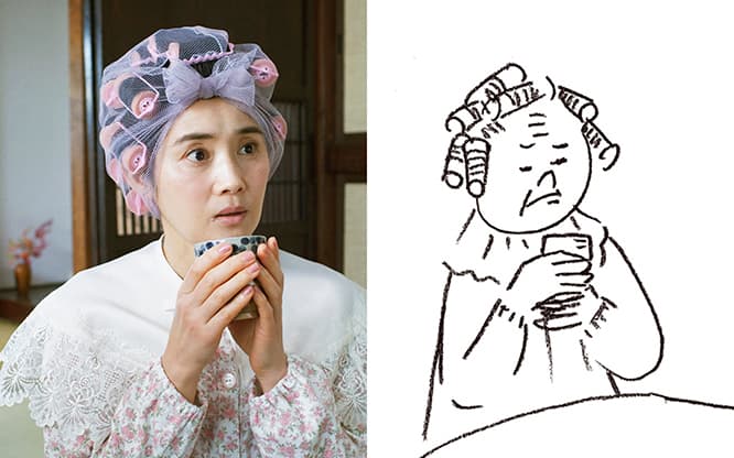 村田の奥さん 役：石田ひかり　村田家政婦紹介所の代表。猫村さんのために預金口座を開設したりアドバイスしたりと温かく面倒をみている。
「とにかくとにかく、ほしさんの世界のファンです！　働き者の猫村さんの健気さ、可愛らしさは、主婦でもあるわたしのバイブルです。もちろん猫村さんを演りたかったけれど、松重さんには敵いません！　村田の奥さんも大好きなキャラで、カーラーにネグリジェにケープという扮装が可笑しくてたまらず、夢心地でした。原作の村田の奥さんの味わい深さは出せてないと思いますが、いい役をいただけて幸せです。ずーっと続いてくれるといいなと思っています！ どうぞお楽しみに！」©テレビ東京・©ほしよりこ／マガジンハウス
