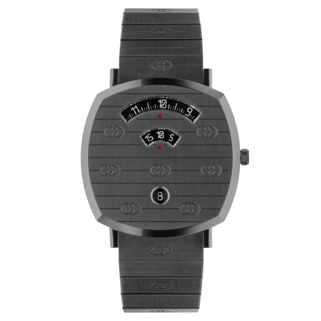 〈グリップ〉ウォッチ（38mm）。200,000円。5月以降発売予定。3つの窓から見えるブラックディスクに時間、分、日付を表示。PVDケースとブレスレットにはGGロゴを刻印。
