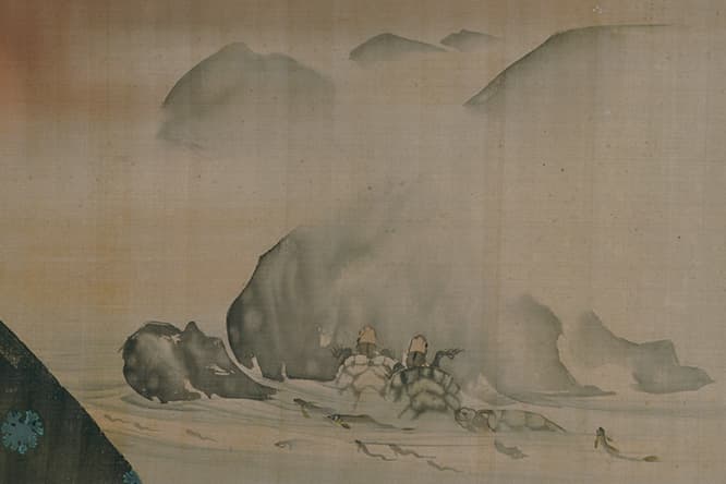 《花鳥遊魚図巻》長沢芦雪筆（部分）。絵巻は朝日を見上げる亀の画面から始まる。