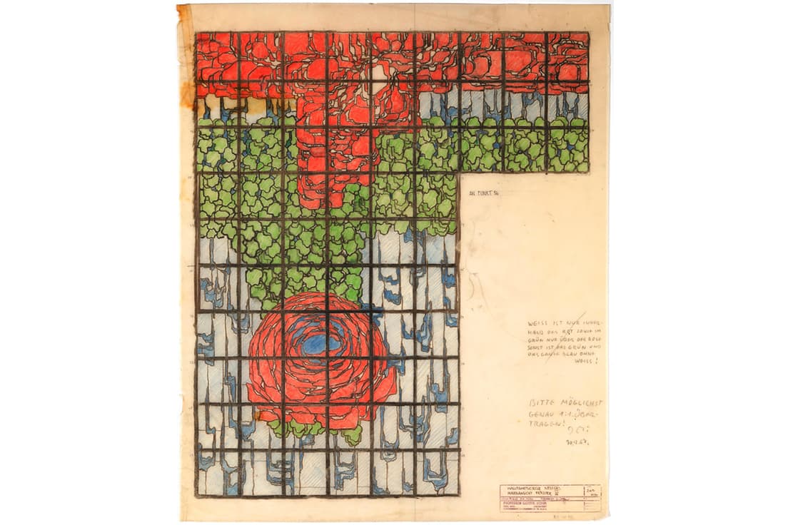 トレーシングペーパーに色鉛筆で描かれた聖餐礼拝、薔薇のステンドグラスのデザイン。Gottfried Böhm: Entwurf des Rosenfensters für die Sakramentskapelle, Buntstiftzeichnung auf Transparentpapier, 12.9.1967, DAM 028-062-029 