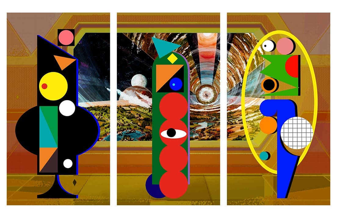 〈Crèvecœur〉と〈Antoine Levi〉はそれぞれ2009年、2013年にパリのベルヴィル地区にできたギャラリー（後者はまもなくアールエメチエ地区に移転予定）。同展にはアド・ミノリーティ（1981年アルゼンチン生まれ）、ピョートル・マコウスキー（1985年ポーランド生まれ）という気鋭画家の新作を展示。  Ad MINOLITI, Nave, 2020, Print on canvas (Triptych), 176 × 292 cm. (c) Ad Minoliti. Courtesy of the artist and Crèvecœur, Paris.