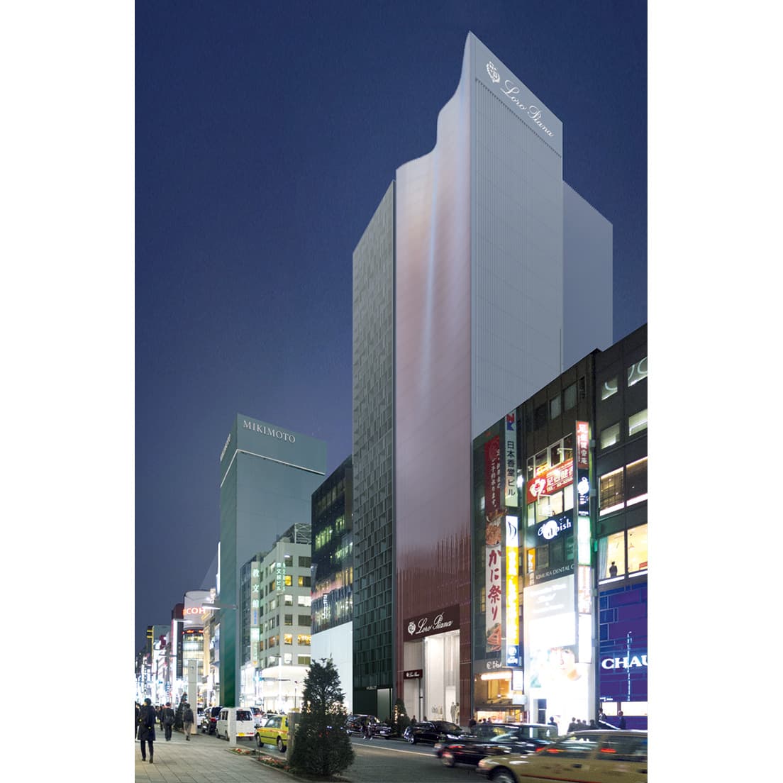  夜の〈ロロ・ピアーナ銀座店〉。パンチングメタルで表現した側面のロゴは白く現れる。