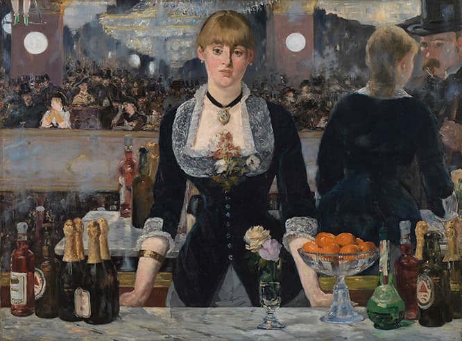 エドゥアール・マネ《フォリー=ベルジェールのバー》1882年　油彩、カンヴァス　96×130cm　コートールド美術館 © Courtauld Gallery (The Samuel Courtauld Trust)　さまざまな視覚のトリックが隠された絵。粗い筆致で描かれた背景の群衆がバーの喧噪を伝える。