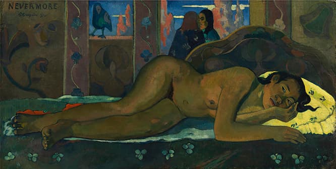 ポール・ゴーガン《ネヴァーモア》1897年　油彩、カンヴァス　60.5×116cm　コートールド美術館 © Courtauld Gallery (The Samuel Courtauld Trust)　ゴーガンにしてはめずらしく絵の具が厚塗りされているが、熱帯の風景を描いたカンヴァスを再利用したことがわかっている。
