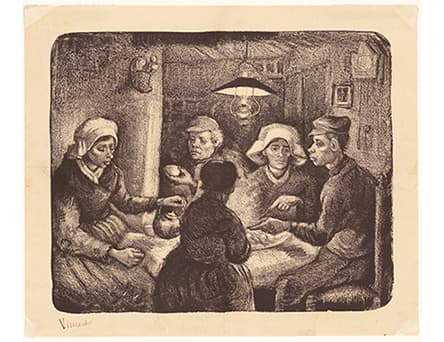 フィンセント・ファン・ゴッホ《ジャガイモを食べる人々》1885年4-5月 リトグラフ（インク・紙）　26.4×32.1cm　ハーグ美術館　© Kunstmuseum Den Haag 　ゴッホが「売り物になる」と初めて自負した油彩画《ジャガイモを食べる人々》。今回は知り合いに配ったリトグラフの一枚が来日する。
