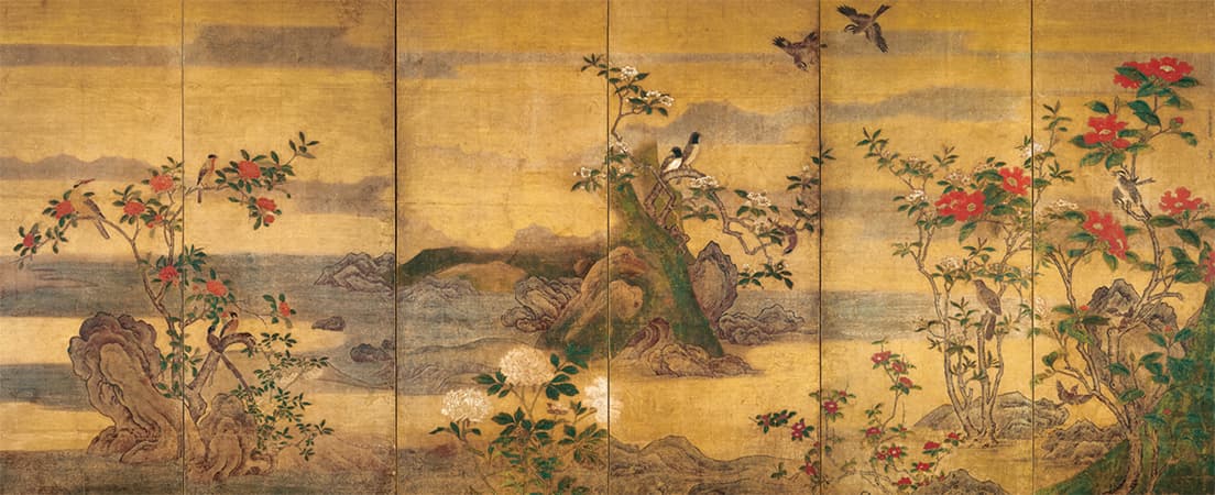 重要文化財　《四季花鳥図屛風》　伝 土佐広周　六曲一双のうち右隻　室町時代　15世紀　サントリー美術館