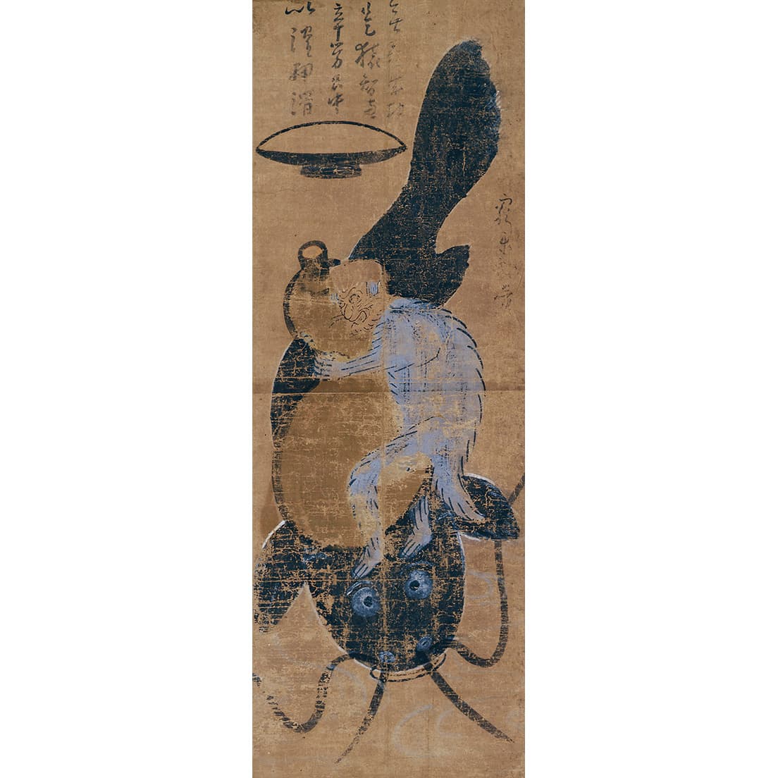 《瓢箪鯰》日本民藝館蔵。猿が瓢箪をかかえて巨大な鯰の動きを封じようとしている。大津絵の人気の画題で作例は多いが、初期の作品は少なく貴重。後年、大津絵十種（=鬼の念仏、藤娘、雷公、瓢箪鯰、座頭、槍持、鷹匠、弁慶、矢の根、長頭翁）の一枚となった。
