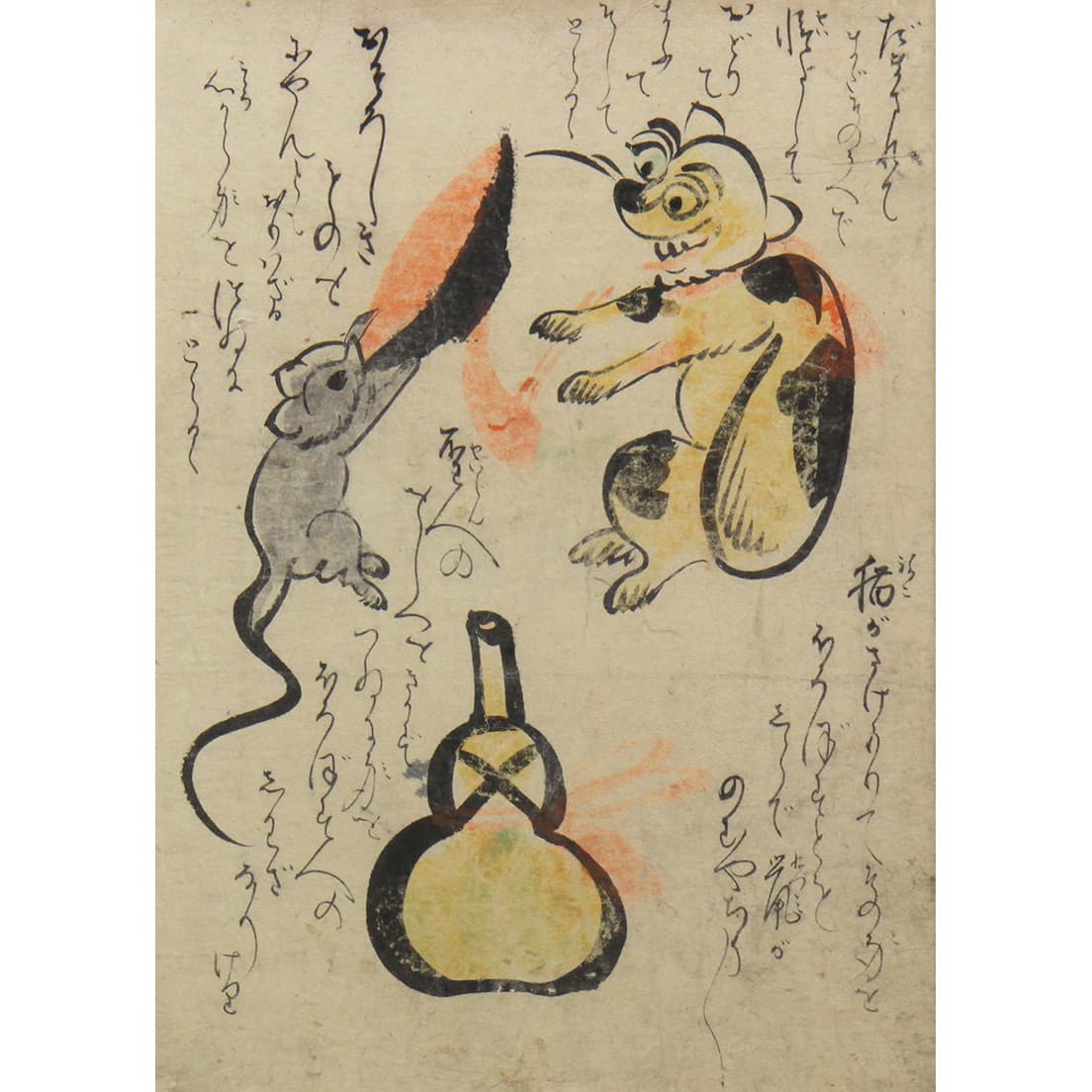 《古筆大津絵》より《猫と鼠》。笠間日動美術館蔵。鼠が猫にすすめられるままお酒を飲んだらその先はどうなるのか？と想像力を掻き立てられる。ピカソも同じ図柄の大津絵を所蔵していた。本図が収められていた画帖《古筆大津絵》は富岡鉄斎が所有していたことがわかっている。