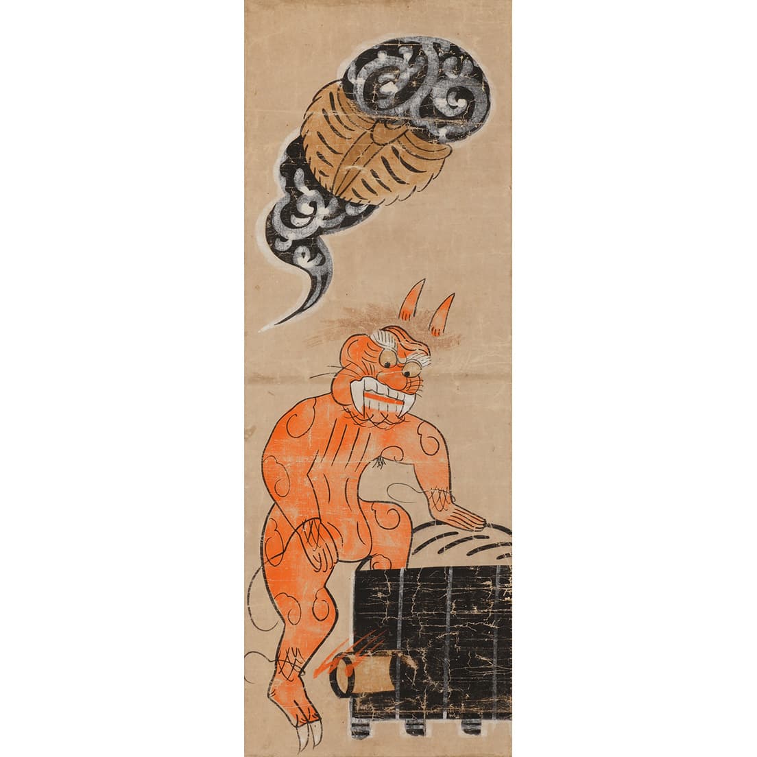 《鬼の行水》日本民藝館蔵。渡辺霞亭（1864〜1926）所有の名品と知られ、柳宗悦が「絶品」と激賞した作品。霞亭の死後、本作が売立に出た際、高値で山村耕花が手に入れた。再び売立に出ると、大原孫三郎が柳の依頼で入手し、後年、大原家から日本民藝館に寄贈された。
