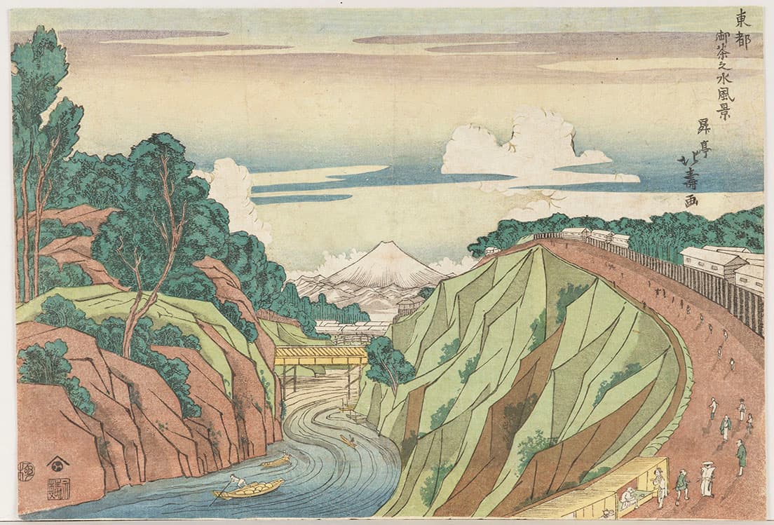 御茶ノ水の渓谷を描いた昇亭北寿《東都　御茶ノ水風景》。黄色の橋のような構造物は江戸市中に飲料水を運ぶ水道管。ローマの水道橋と似たような用途だ。
