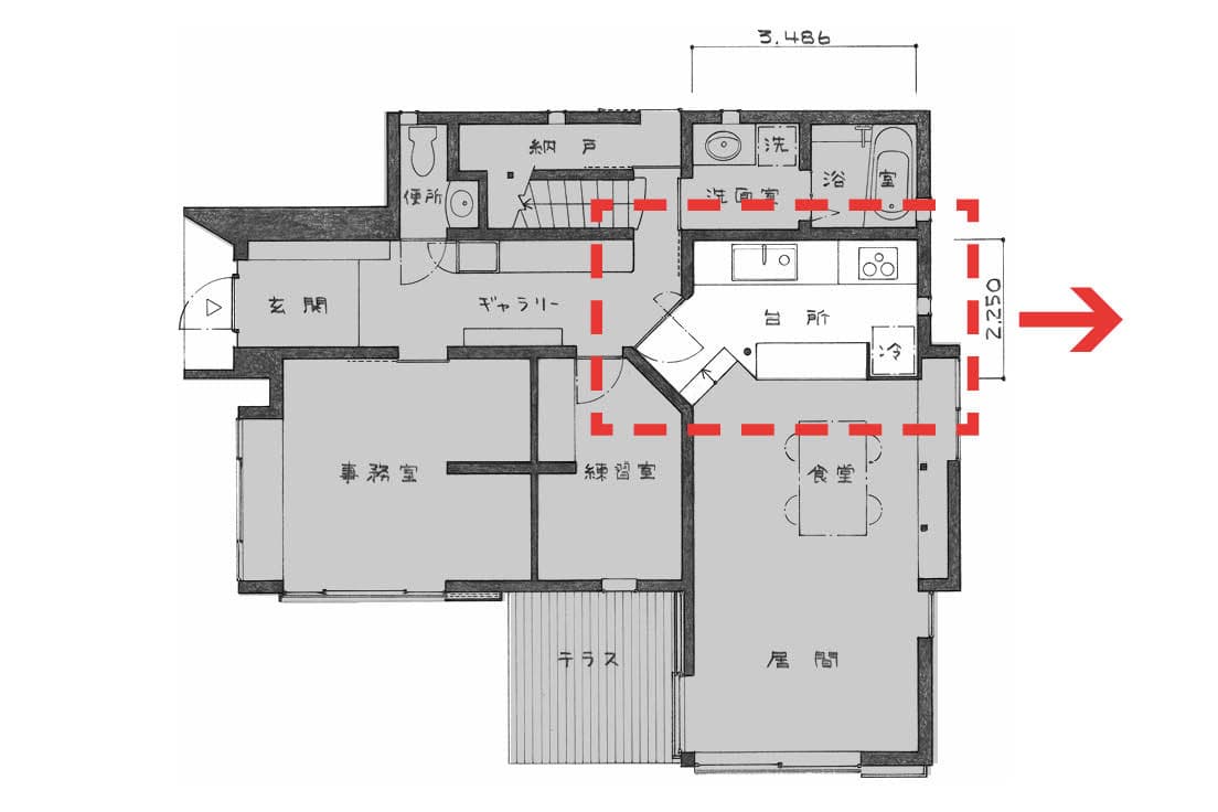 中村が2007年に手がけた〈つのだ夫妻の家〉の間取り図。家全体から考えたとき最も自然な動線になっている。