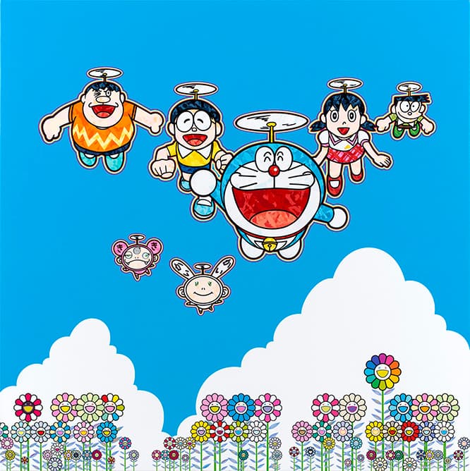 村上隆《あんなことこんなことできたらいいな》2019年、アルミ枠に張ったキャンバスにアクリル絵の具。100 × 100cm。　©︎2019 Takashi Murakami/Kaikai Kiki Co., Ltd. All Rights Reserved. ©️Fujiko-Pro.　これは2002年の「ドラえもん展」出品作ではないが、ドラえもんキャラクターズと村上の生み出したキャラクターであるカイカイとキキが楽しそうに空を飛んでいる。