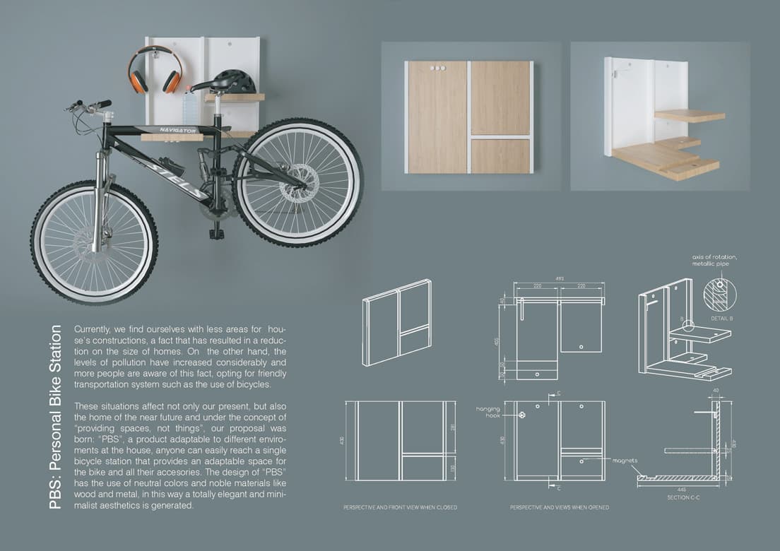 ■Casa BRUTUS賞『PBS: “Your personal bike station”』Designed by Teresita Marrero Escalona室内に自転車を置く、インテリアの新しい楽しみ。
壁面に取り付けるパネル型の自転車収納スタンド。不使用時はパネルを畳むことでフラットになり、部分的にパネルを引き出せばアクセサリー類を置く棚にもなる。既存のスタンドの多くがポール型で味気ないものだが、木製パネルによる温かみをもった収納システムは住まいに馴染み、インテリアの可能性を広 げる。新型コロナウイルスの影響はもちろん、環境負荷低減の観点からも自転車は注目されており、時代に即した提案と評価された。