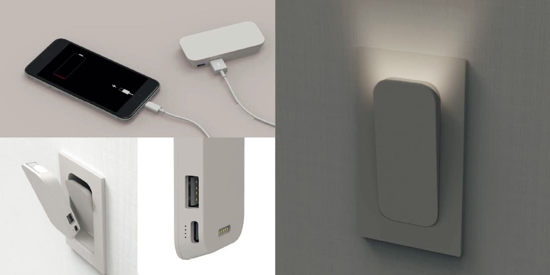 ■最優秀賞『Switch Light』Designed by 不破健男、本山拓人日常と非常時をつなぐ、多機能なスイッチ。
通常は室内照明のスイッチだが、非常時には非常灯として機能し、スイッチ部分を取り外すと懐中電灯やモバイルバッテリーとなる建築設備の提案。安心とは本来、日常のなかで意識せずにいることが理想であり、そうしたシーンに溶け込むものを目指したと言う。