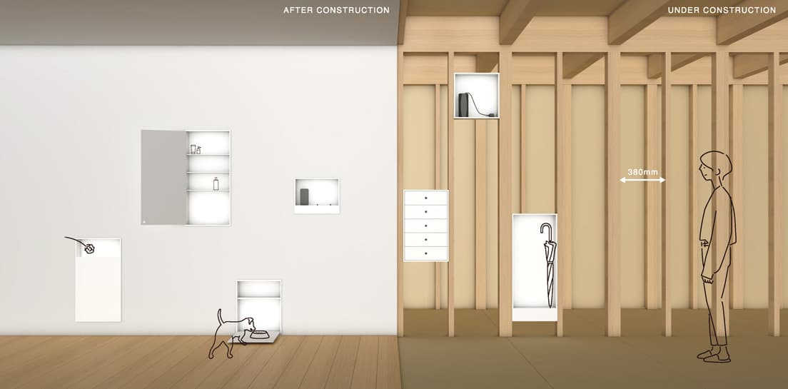 ■サンワカンパニー賞『NICHE 380』Designed by 木村淳子住宅に潜む380mmの隙間に、新たな可能性を見いだす。
多くの木造住宅で採用される木造軸組工法では、構造となる柱と間柱のあいだに380mmの隙間が生まれる。ここに着目し、隙間に収納を収める提案を行った。幅380mm、奥行きわずか110mm程度の空間ながら多様な収納の可能性を提示し、機能と美しさを与える。