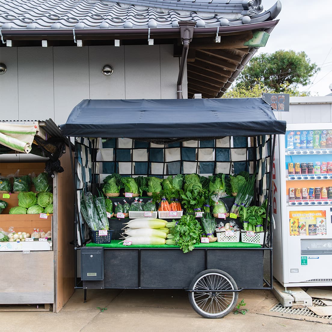 無人販売小屋は以前より設置していたが、昨年、新たな小屋《yasainokyoukai》を藤原大が制作した。格子状に巡らされた紺と白の二色の布はそれぞれが細かい“ポケット”状になっており、風が吹くとはためき、人目を引くデザインとなっている。