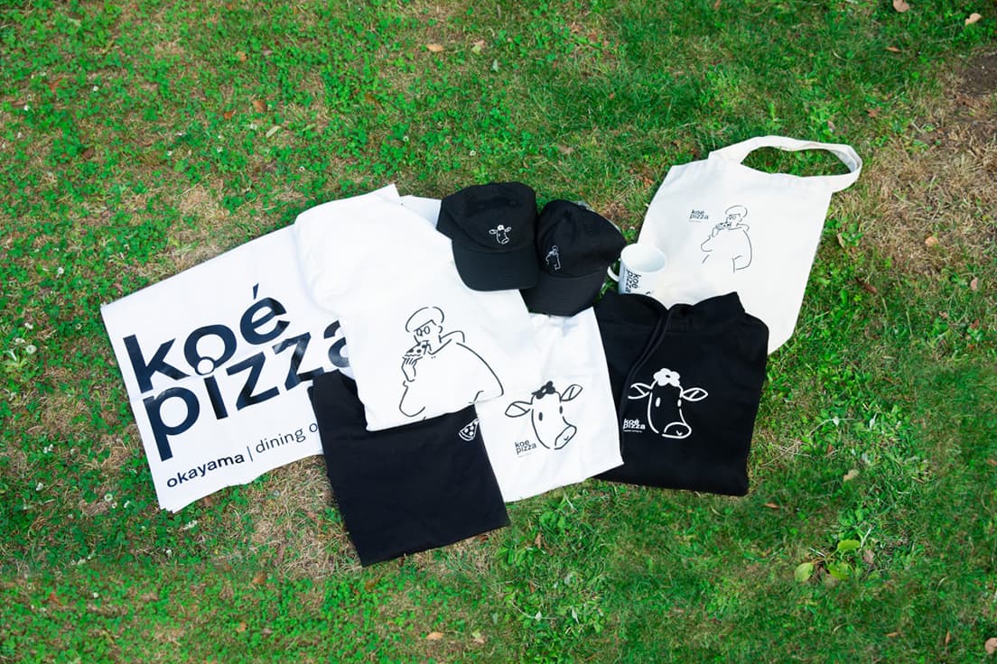 〈koé pizza okayama〉のオリジナルグッズ。長場雄が描く“牛”をモチーフとしたキャラクター 「Mary（マリー）」のTシャツ、キャップがとにかくかわいい。6月19日から店頭で販売。