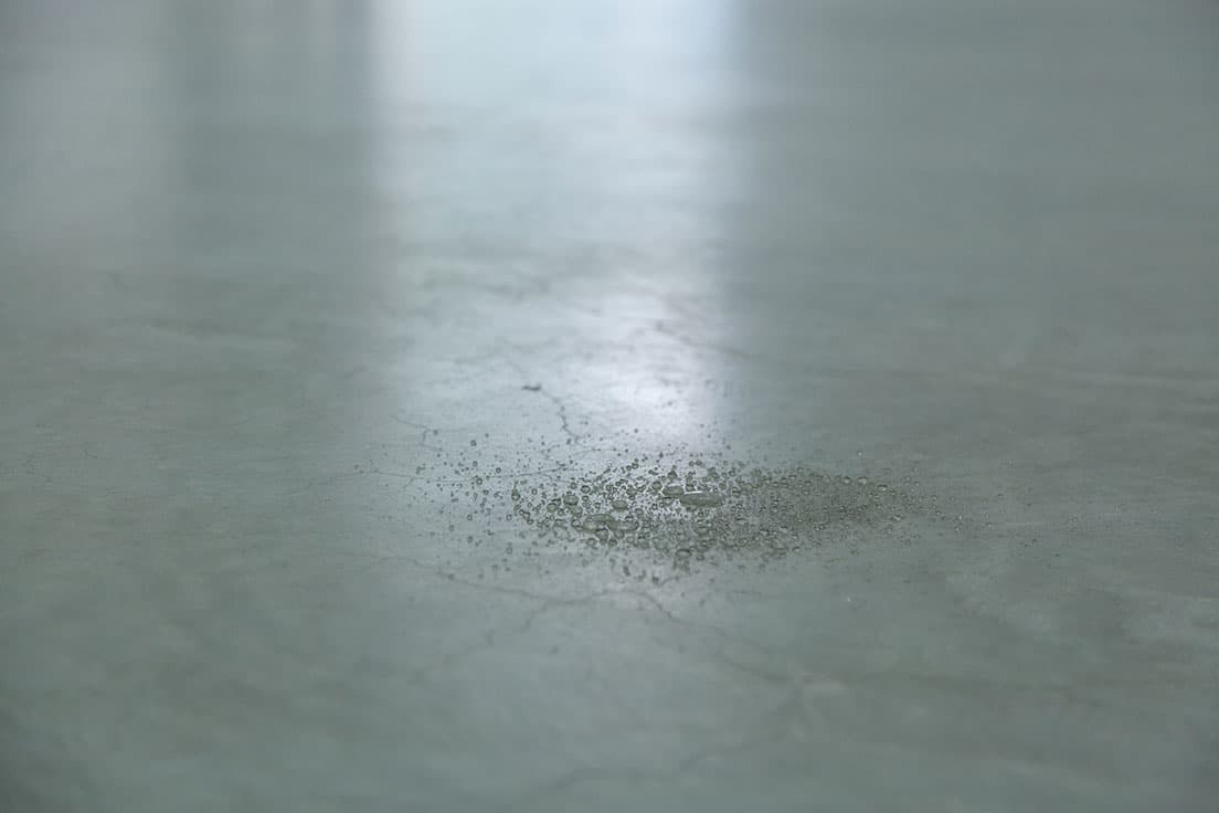 したたり落ちる水が床に水滴を作る《母型》。水は他の場所でも姿を変えて登場する。