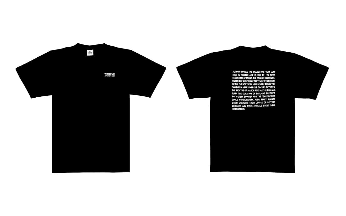 〈ヴェトモン〉の限定アイテム。各42,000 円。四季をコンセプトにTシャツ4種をオリジナルデザイン。背面には各四季のディスクリプションが。
