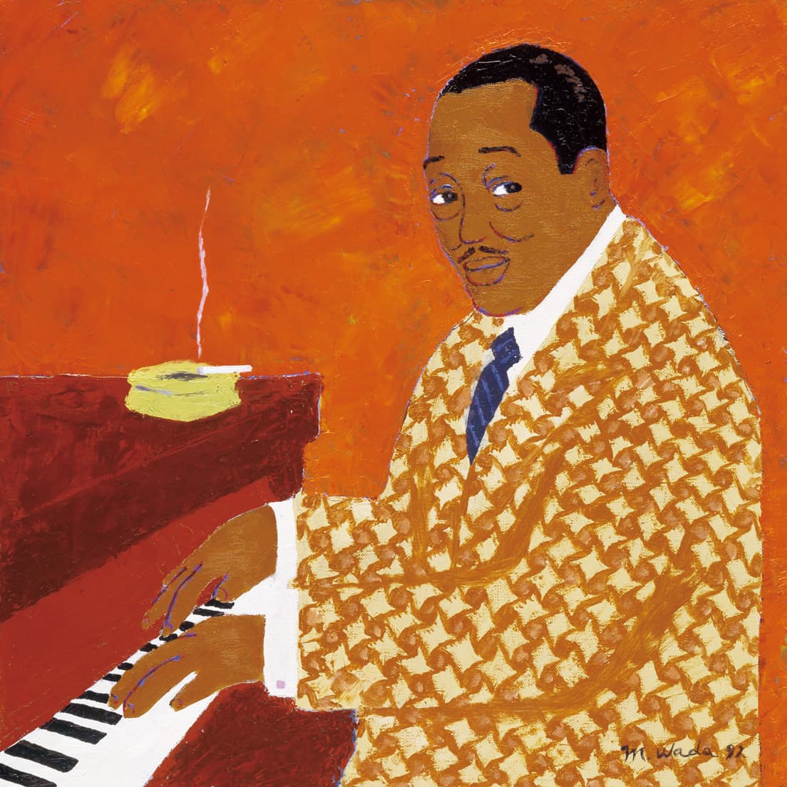 個展『JAZZ』より《デューク・エリントン》（1992）。著名人の似顔絵だけでなく、学生時代に描いた先生の似顔絵なども公開。©️Wada Makoto