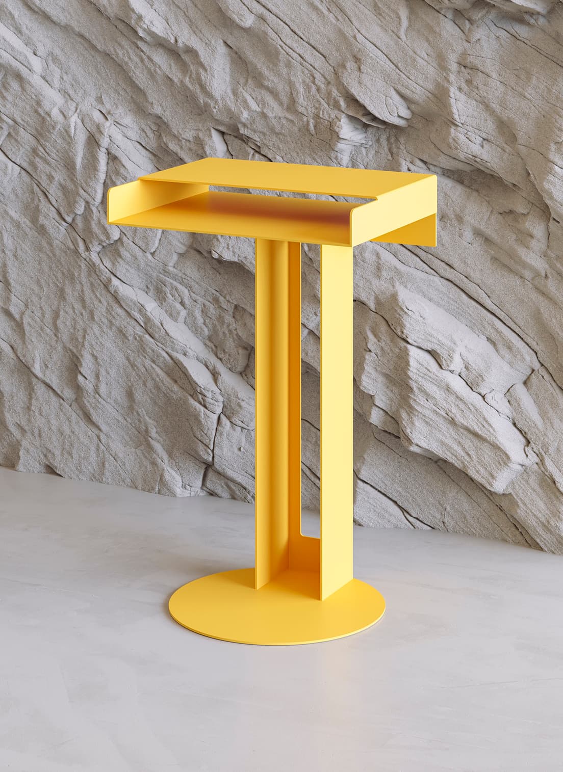 〈NEW TENDENCY〉の代表的な作品の1つ《Meta Side Table》。長方形と円形から構成されており、見る角度によって表情が変化する。