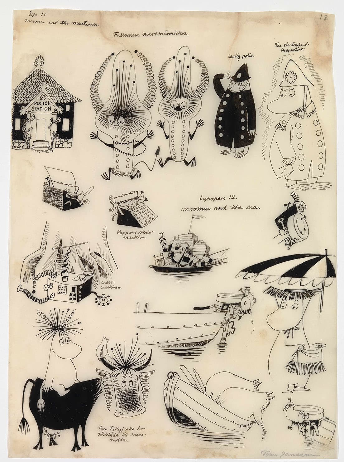 丸みを帯びた顔と体型がトーベの描くムーミンの特徴。トーベ・ヤンソン《まいごの火星人》（1957年）スケッチA　©Moomin Characters™
