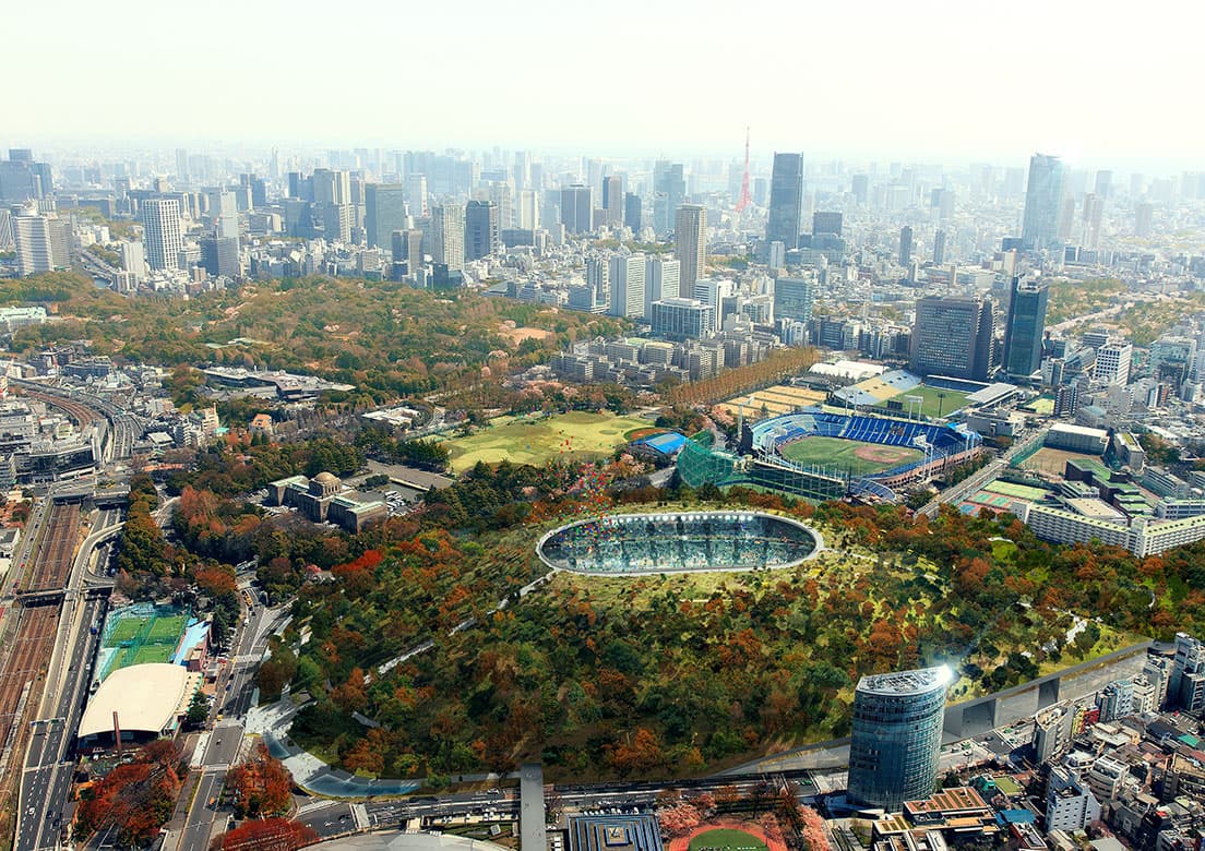 2012年、「新国立競技場 国際デザイン・コンクール」で田根が提案した〈古墳スタジアム〉のイメージパース。階段で頂上部まで登ることができる画期的なプランだった。　© image courtesy of DGT.