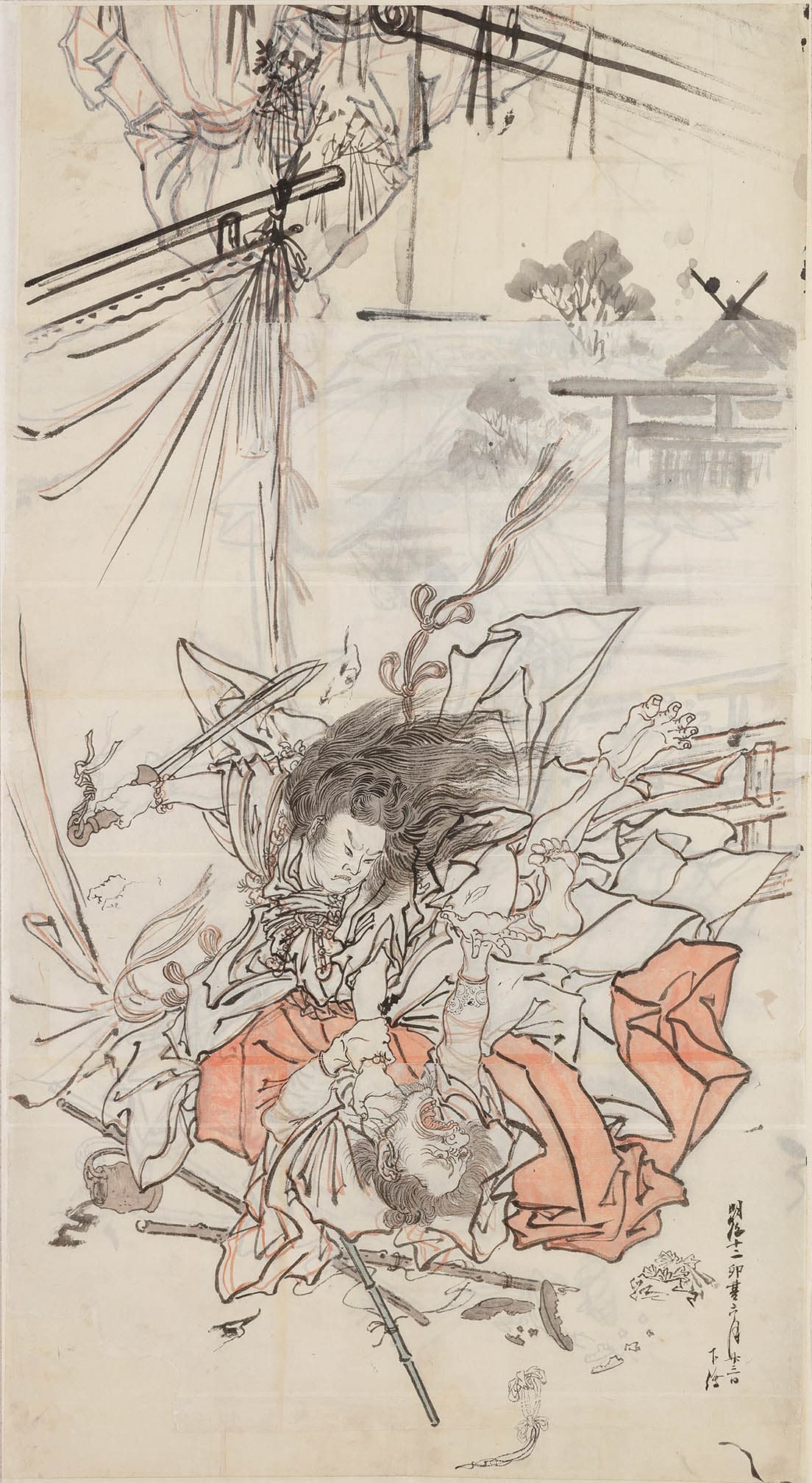 《日本武尊の熊襲退治 下絵》1879年〈河鍋暁斎記念美術館〉
